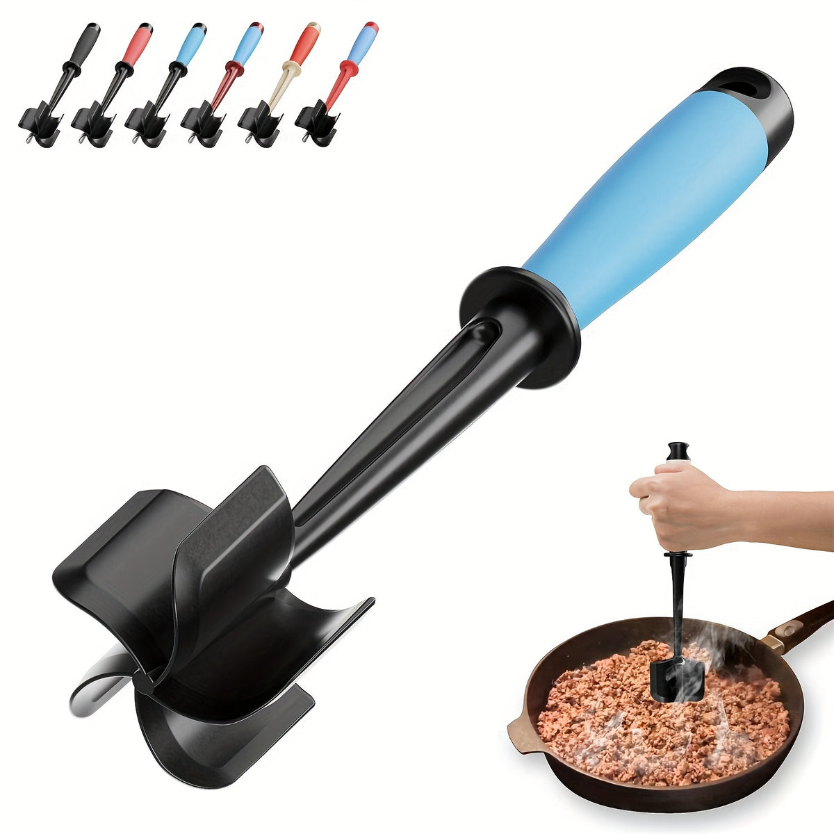 Five-Curved-Blade Ground Beef Chopper, Manual Hamburger Meat Masher and Mixing Utensil in Blue Black, Reddish Black or Black for Home Kitchen Meal Preparation