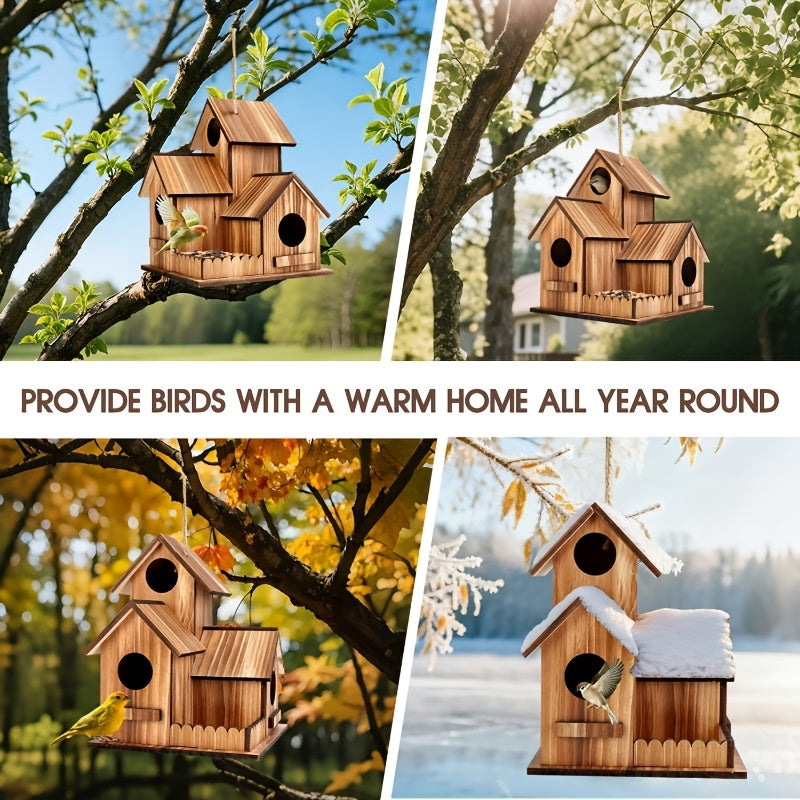 Hanging Bird House with Three Listed Openings and Artificial Wood Material Reference, Garden Shelter Design for Decorative Yard Displays and Birdwatching Areas