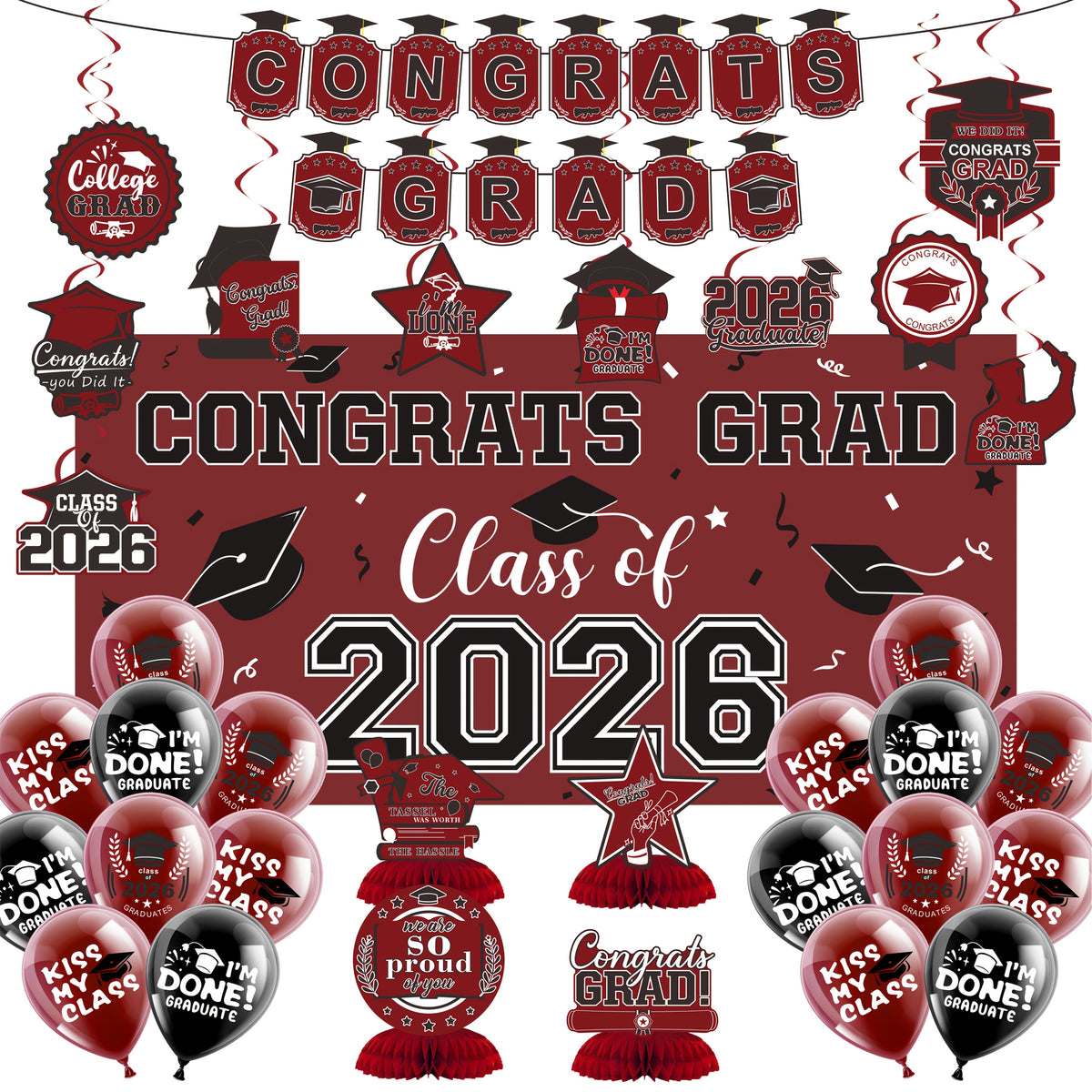 Graduation Party Decorations Class of 2026 Set with Backdrop Banner, Hanging Swirls, Balloons and Honeycomb Decor for Home Celebrations