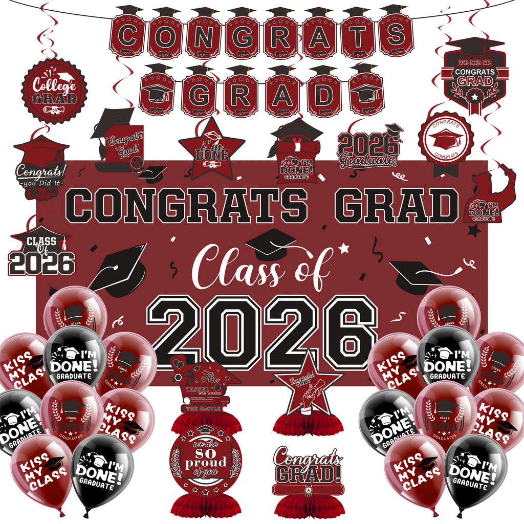 Graduation Party Decorations Class of 2026 Set with Backdrop Banner, Hanging Swirls, Balloons and Honeycomb Decor for Home Celebrations