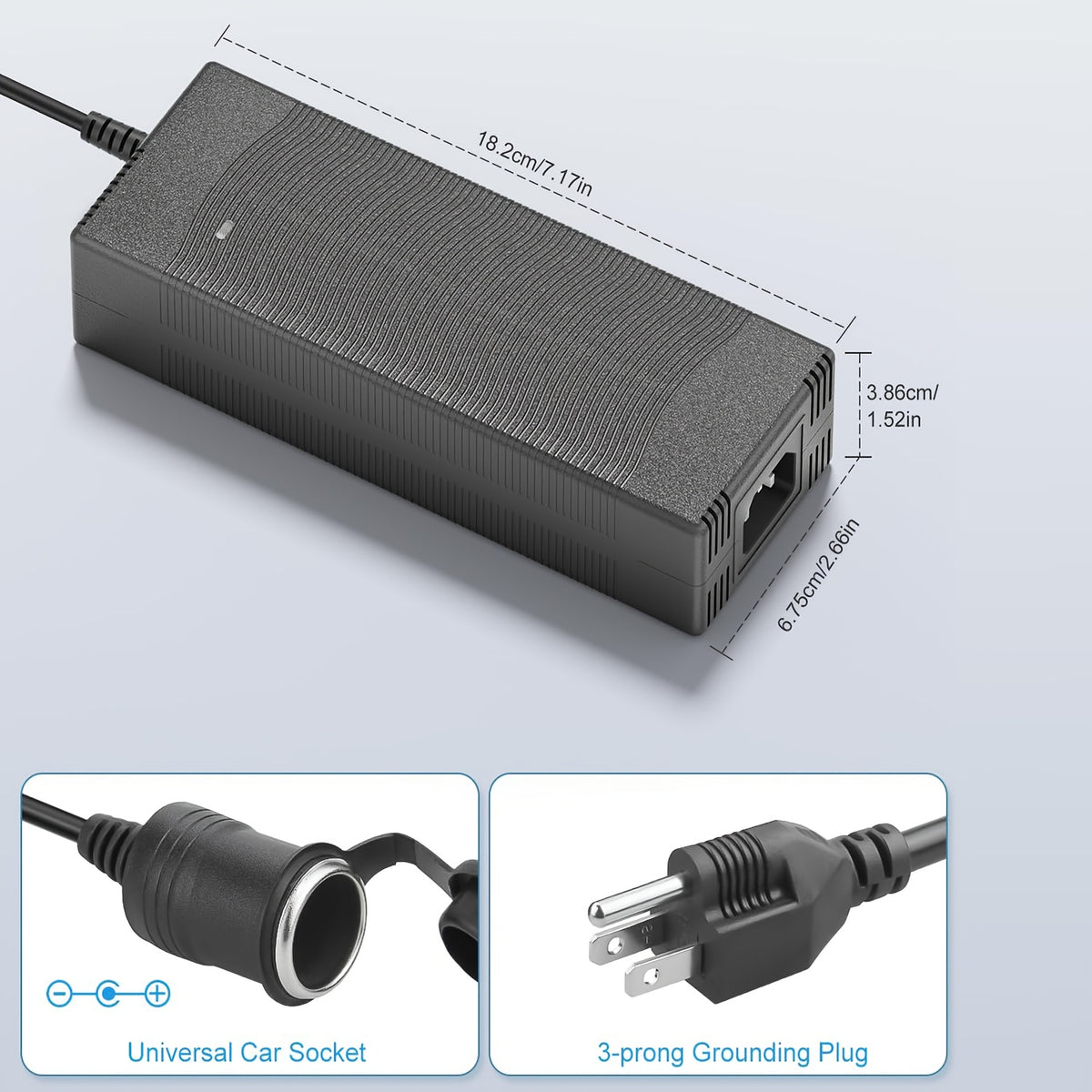 12V Car Power Adapter with Listed 15A 180W Maximum Output, 100–240V AC to DC Converter and 9.2ft Total Cord Length for Compatible Automotive Accessories at Home