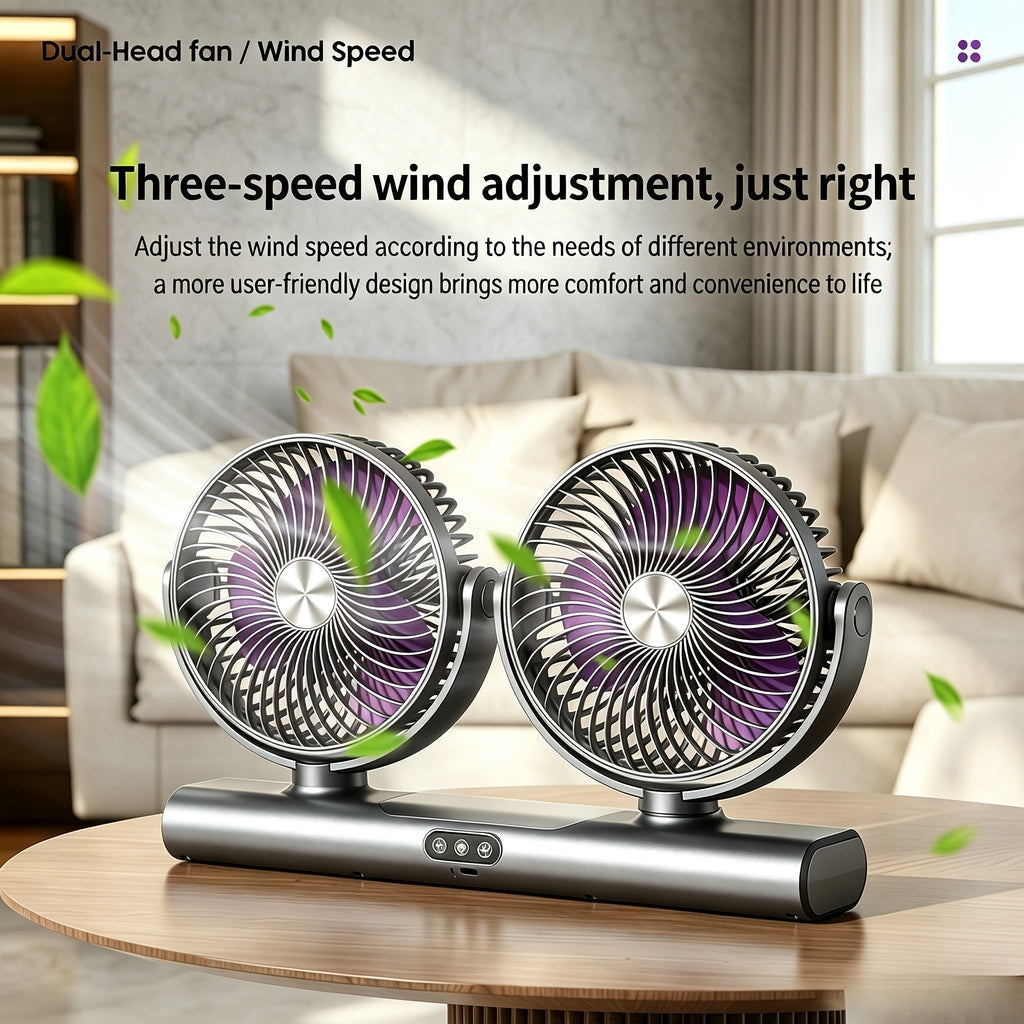 Grey Dual-Head Desktop Fan with Listed USB Charging, Three-Speed Adjustment, Multi-Angle Airflow and Ambient Night Light for Home, Office and Camping Use