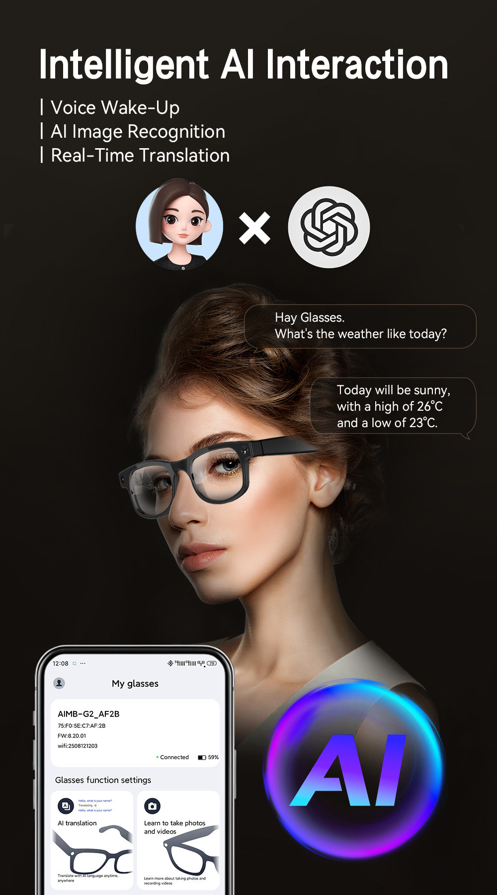 8MP Camera Smart Glasses with Three Pairs of Lenses, Black Touch-Control Eyewear with HD Video, Translation, Bluetooth Calls and Music