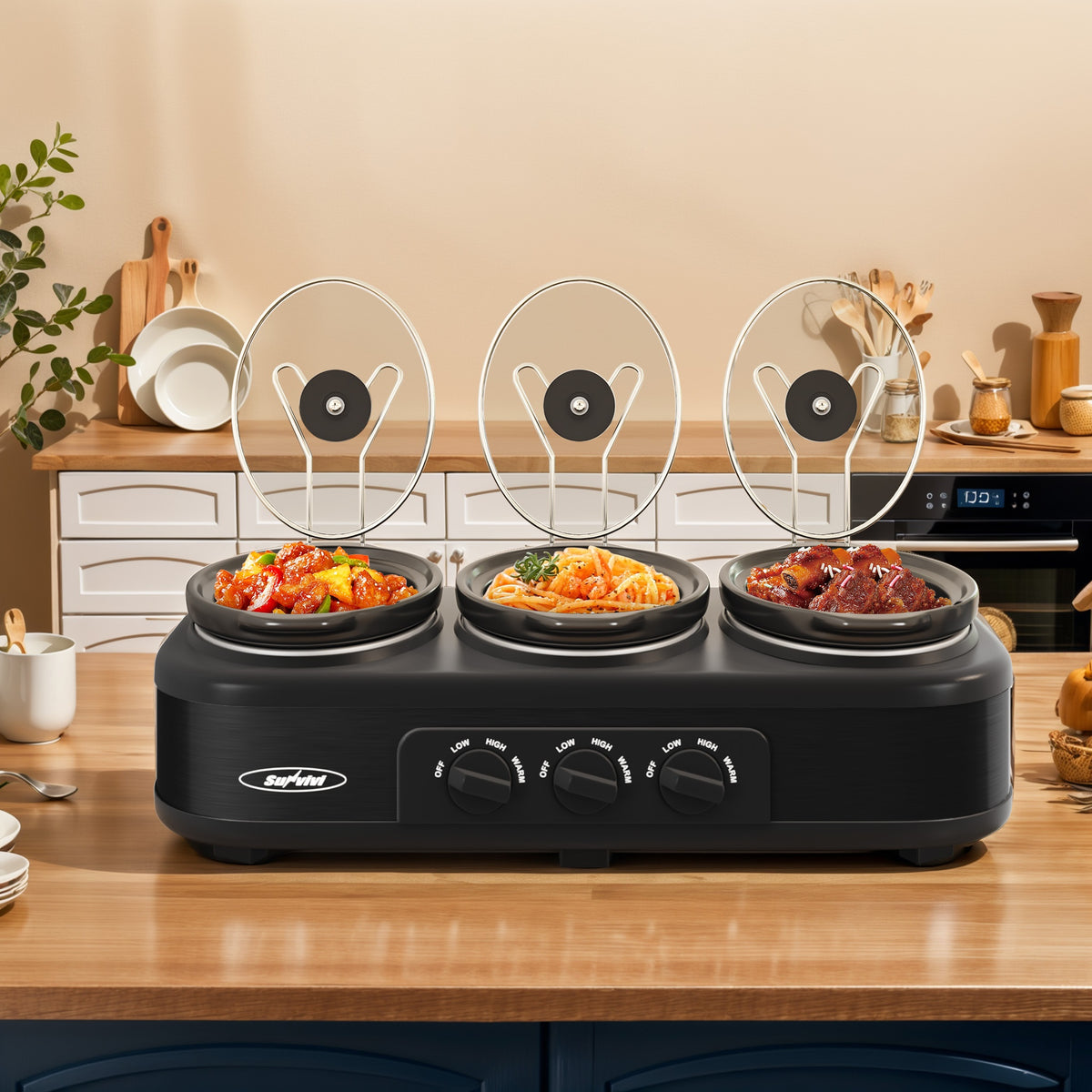 Triple Slow Cooker 3 x 1.5QT with Ceramic Pots and Glass Lids, 3 Cooking Settings, Buffet Server and Warmer for Parties and Family Gatherings