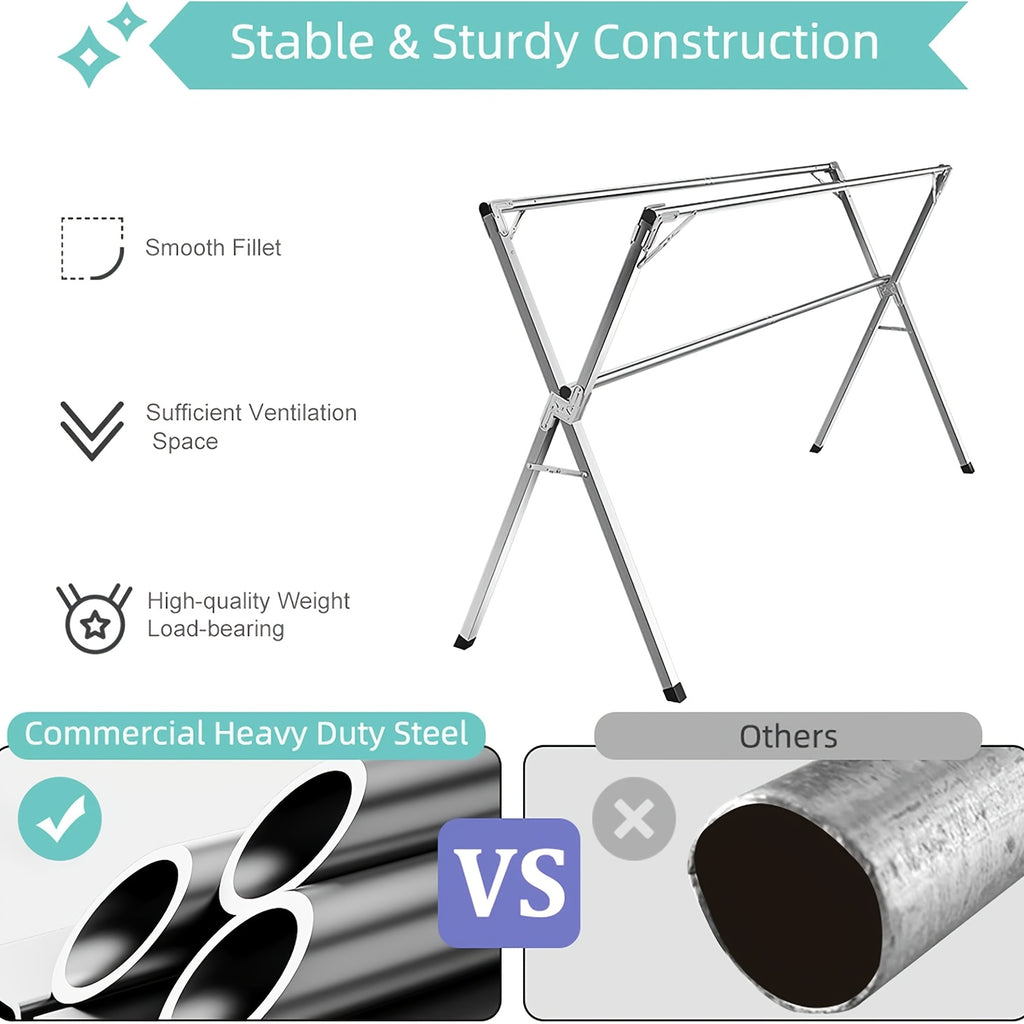 Three-Rod Clothes Drying Rack, Foldable Adjustable Metal Laundry Stand in Three Pole Galvanized Model for Clothing, Blankets and Bedding Air-Drying Routines