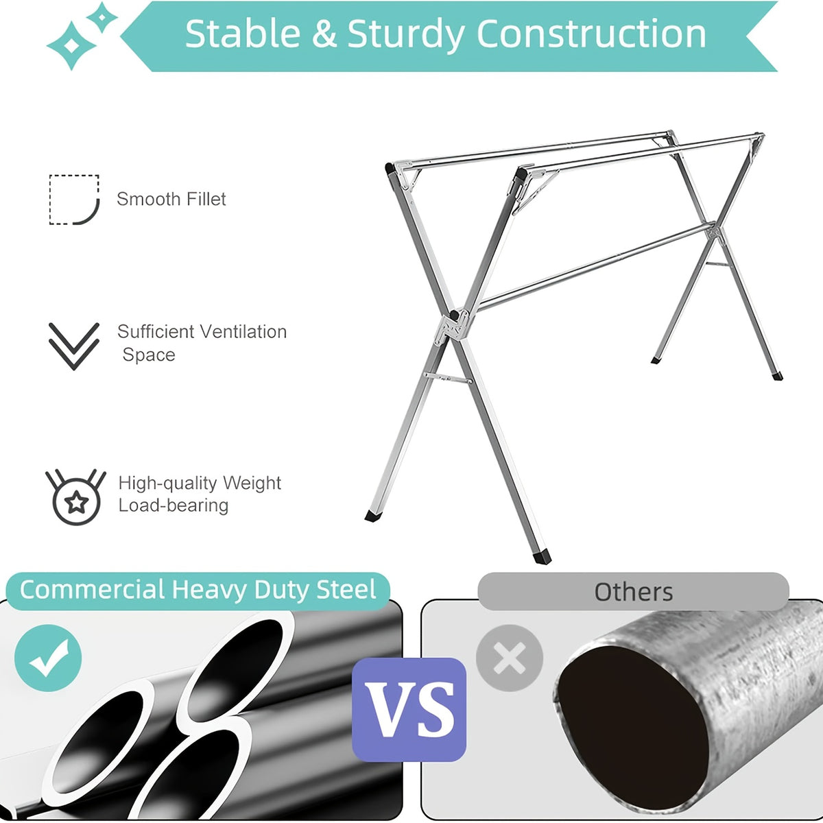 Three-Rod Clothes Drying Rack, Foldable Adjustable Metal Laundry Stand in Three Pole Galvanized Model for Clothing, Blankets and Bedding Air-Drying Routines