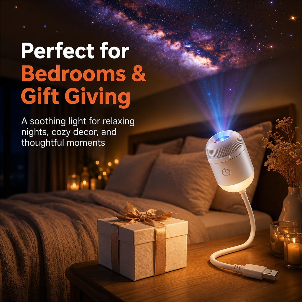 Star Projector Night Light with Static Galaxy Effect, USB-Powered Mini LED Lamp with Adjustable Brightness for Bedroom Ceilings, Walls and Cozy Indoor Decor