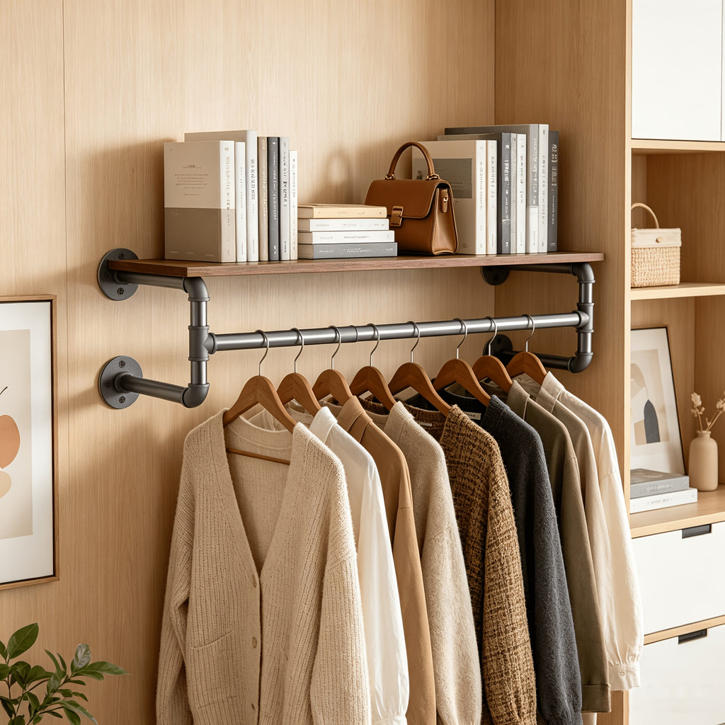 Industrial Pipe Clothes Rack by AESOME, 39.3-Inch Wall-Mounted Hanging Rod with Wood Top Shelf and Three Hooks in Black and Dark Brown for Closet Storage