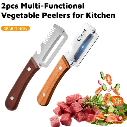 Wooden Handle Vegetable Peeler Set, Two-Piece Stainless Steel Blade Kitchen Tools with Listed Bottle Opener Function for Potatoes, Apples and Zucchini