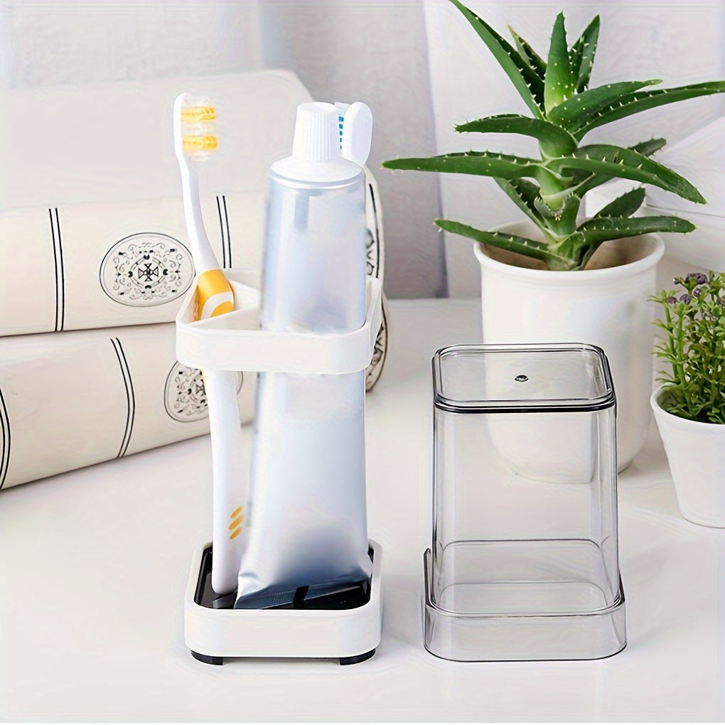 Wall-Mounted Toothbrush Holder in White with Listed Mouthwash Cup, Bathroom Wall Organizer for Daily Oral Care Storage in Shared Homes and Dorm Spaces