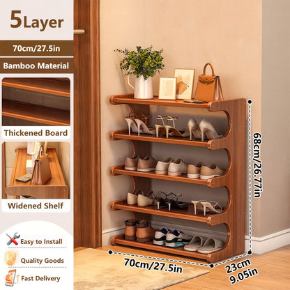 Freestanding Bamboo Shoe Organizer in Brown with Three, Five or Six Layers, Wood-Grain Footwear Storage Rack for Home Entryways, Hallways and Dorm Rooms