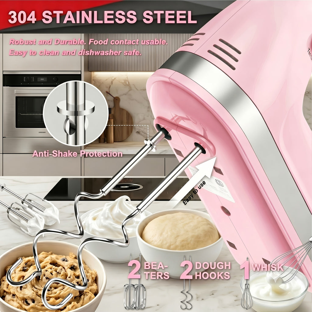Electric Hand Mixer 5 Speed with Turbo Boost, 5 Stainless Steel Attachments, Handheld Mixer for Cake, Cookies & Bread Dough, with Storage Case Option, Kitchen Baking Gift, 5 Colors