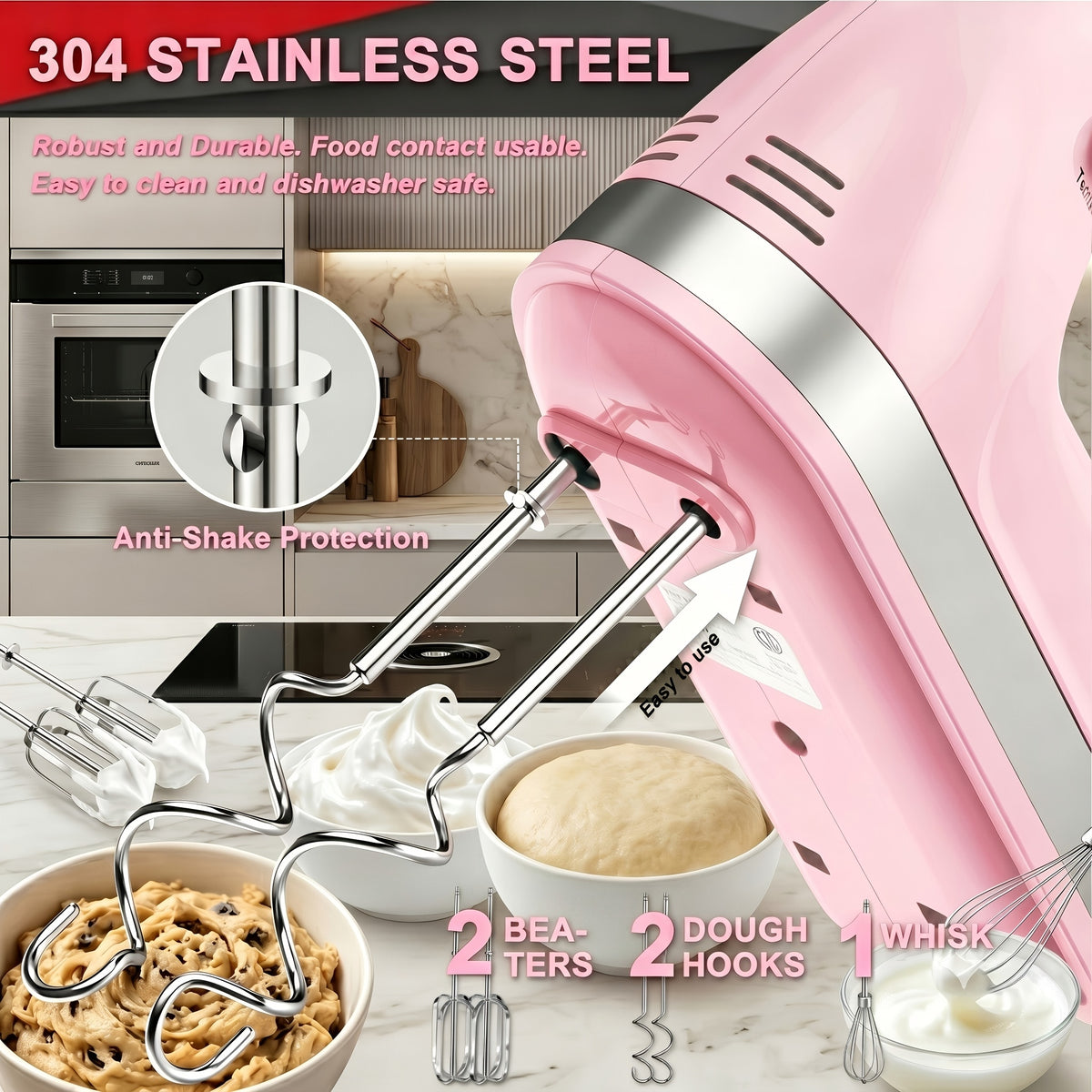 Electric Hand Mixer 5 Speed with Turbo Boost, 5 Stainless Steel Attachments, Handheld Mixer for Cake, Cookies & Bread Dough, with Storage Case Option, Kitchen Baking Gift, 5 Colors