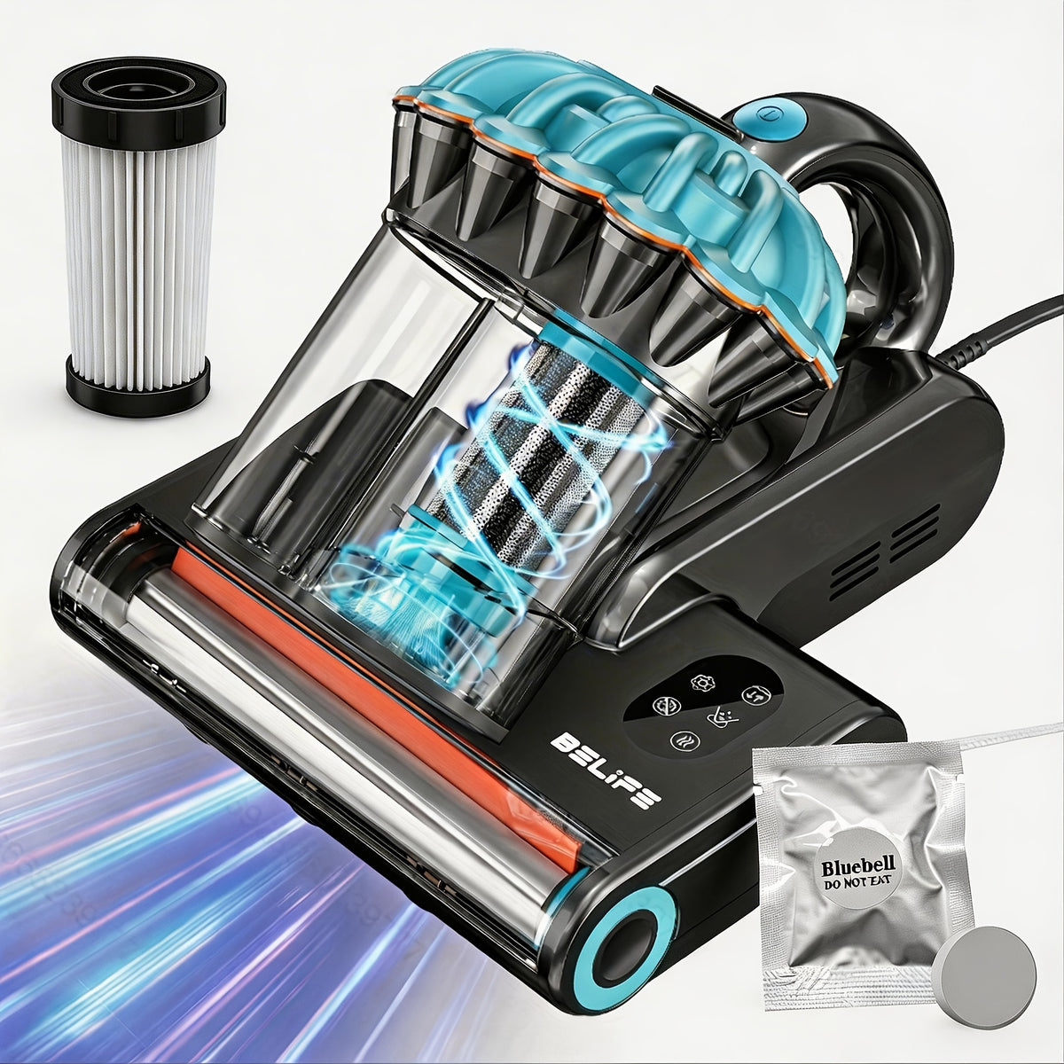 Corded Mattress Vacuum Cleaner in Blue with Listed 550W Motor, 20kPa Suction and Dual Dust Cups, Rotating Brush Bed Vacuum for Compatible Couch and Pillow Fabrics