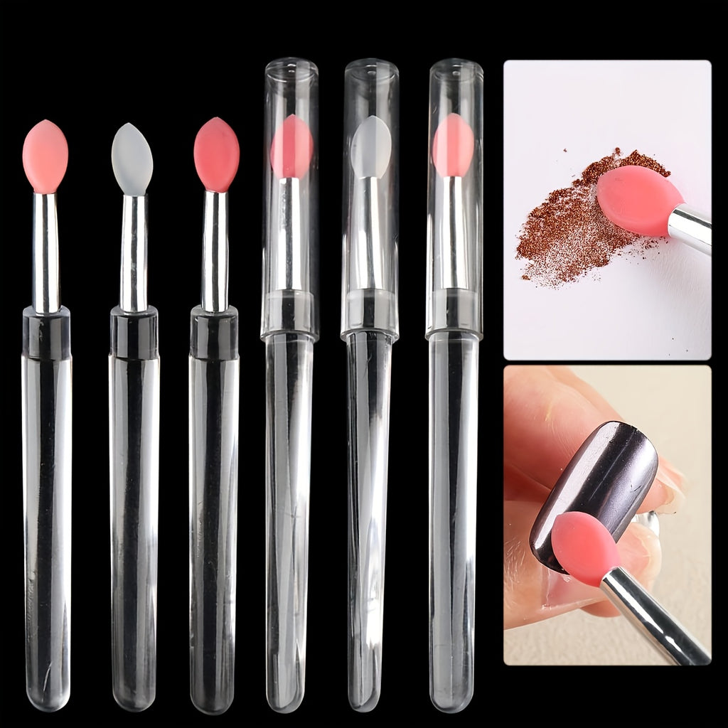Silicone Nail Brush Set of Five with Listed Glitter Powder, Eyeshadow and Lip Application Uses, White, Pink or Red Options for Nail Art and Makeup Routines