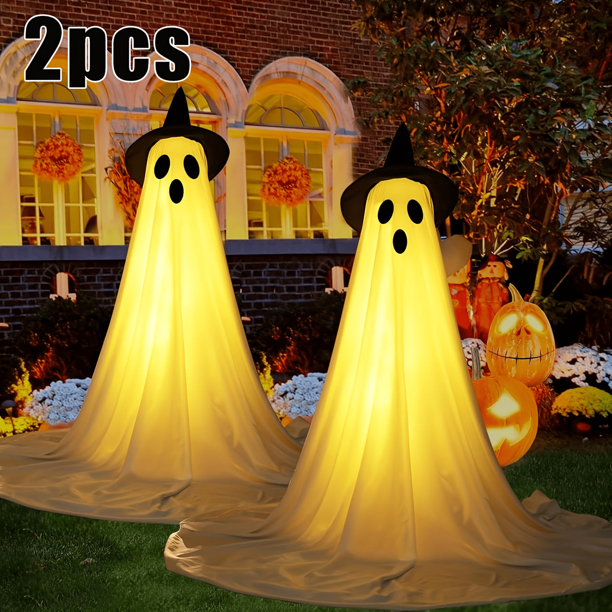 Witch Hat Ghost Decorations, Two-Piece Lighted Halloween Display Set with String Lights in White Ghost or Warm Color Options for Seasonal Home and Party Decor