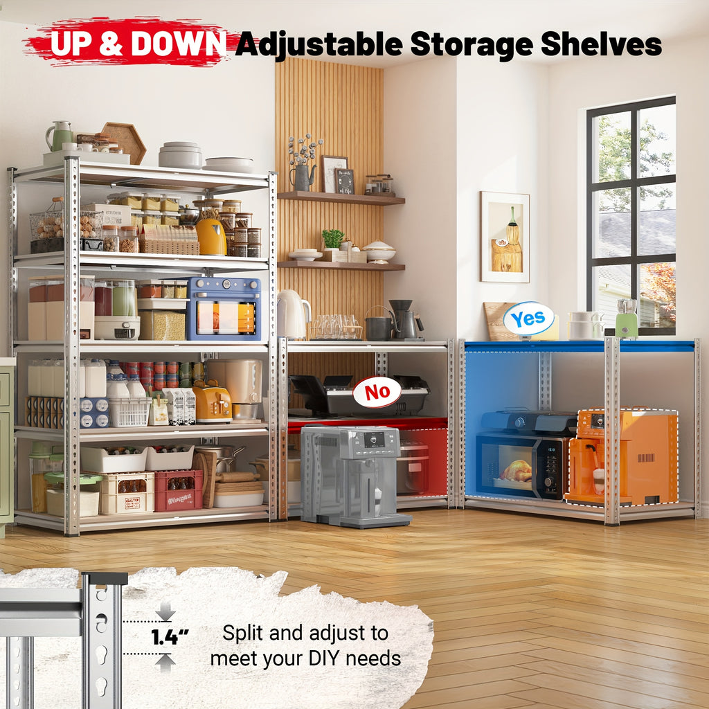 Five-Tier Garage Storage Shelving with Adjustable Shelf Heights, Listed 72-Inch Metal-Frame Rack in Black or Galvanized Options for Pantry and Basement Organization