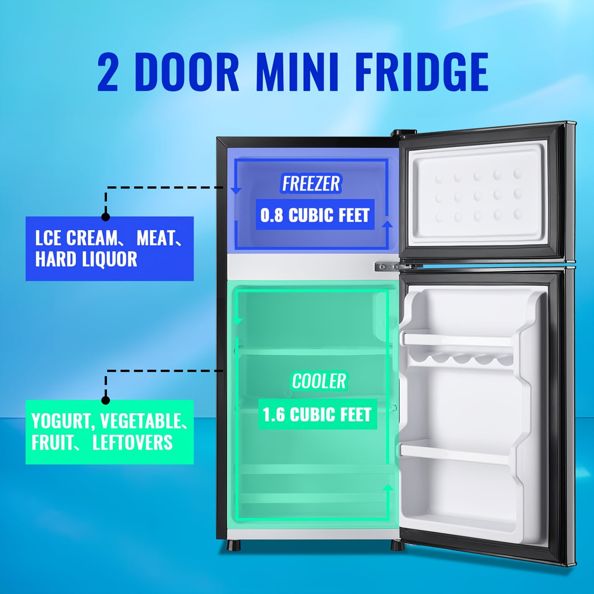 Single-Door Mini Fridge by WANAI with Listed Freezer Compartment, Adjustable Thermostat and Removable Shelves in Four 43-Series Color Labels for Dorm and Office