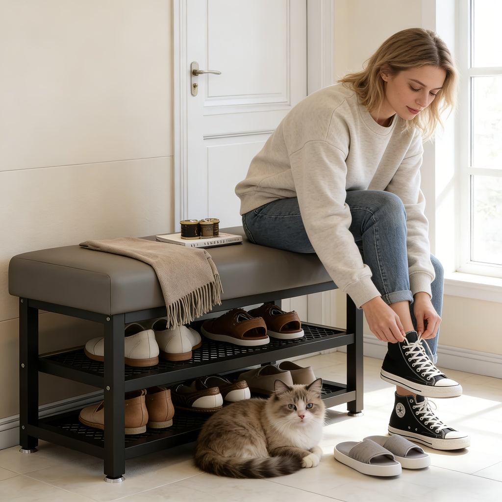 Shoe Storage Bench with Soft Seat Cushion, Metal Frame and Multi-Compartment Design in Grey or Orange, 24 or 32 Inch Model Labels for Entryway Organization