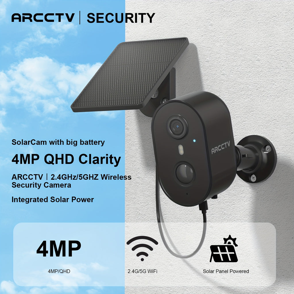 Removable Solar Panel Security Camera, 4MP Outdoor Monitor with Dual-Band WiFi, PIR Alerts, Color Night Vision and Two-Way Audio, 1/2/4/6-Pack Options
