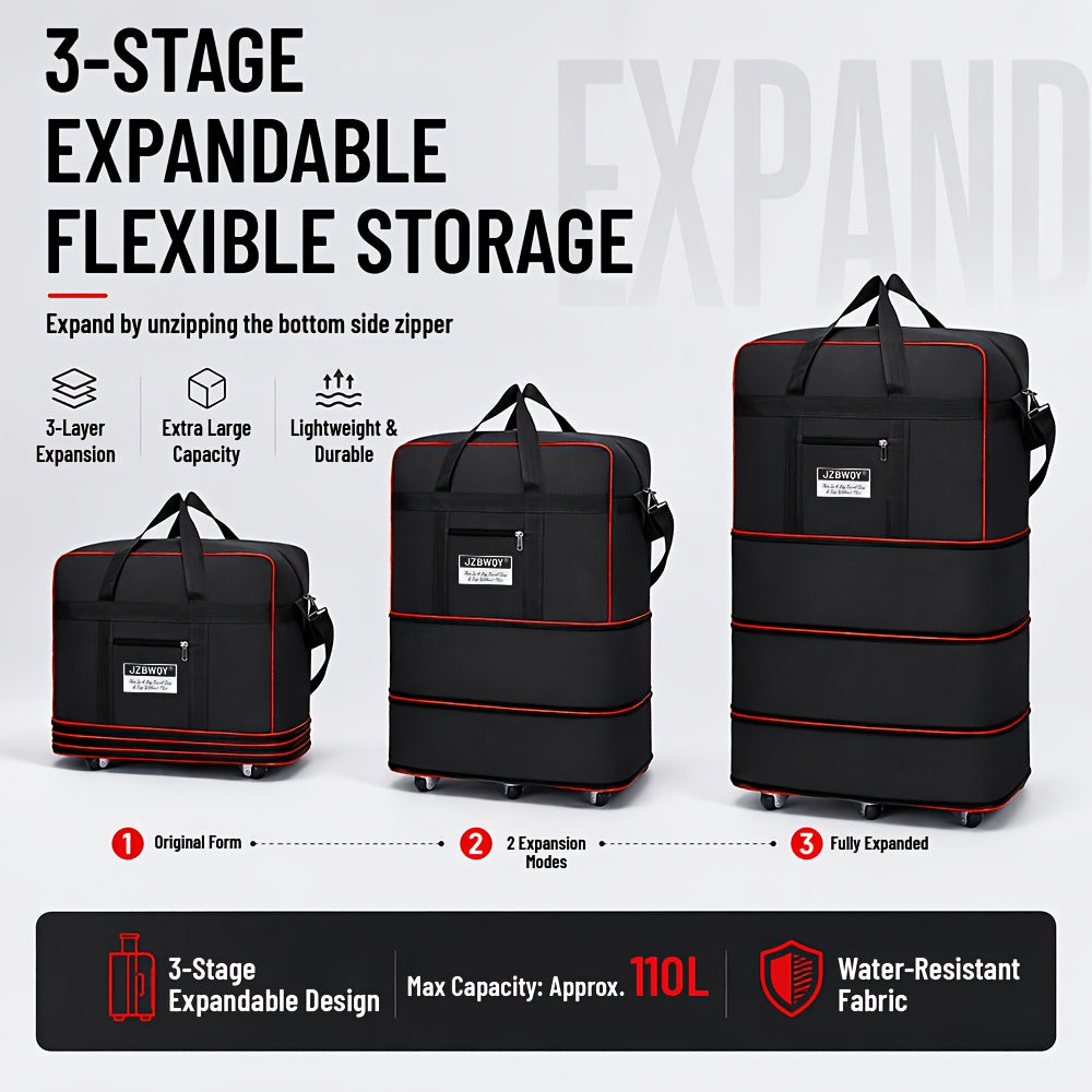 Expandable Nylon Rolling Storage Bag, Foldable Black or Green Travel and Moving Bag with Straight-Line Wheels and Multiple Packing Compartments