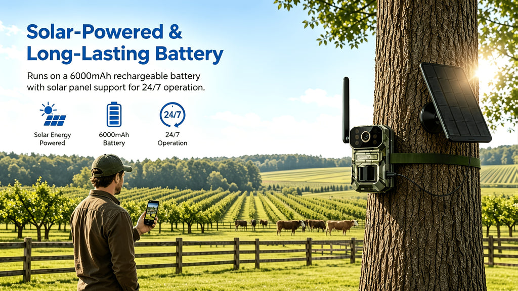 Farm Solar Trail Camera for Orchard and Livestock Monitoring with 125° Wide-Angle View, Listed 20W Solar Panel, 6000mAh Battery and Mounting Straps