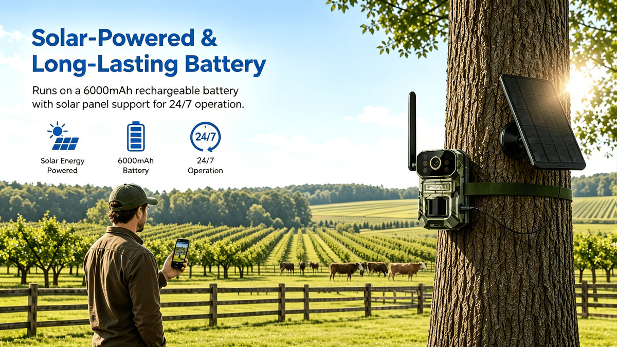 Farm Solar Trail Camera for Orchard and Livestock Monitoring with 125° Wide-Angle View, Listed 20W Solar Panel, 6000mAh Battery and Mounting Straps