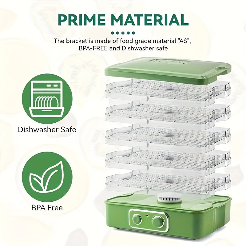 Stackable Food Dehydrator for Fruit, Vegetables and Herbs, Listed Five-Tray 240W Temperature-Control Model with Green, Silvery and Eight-Tier Option Labels