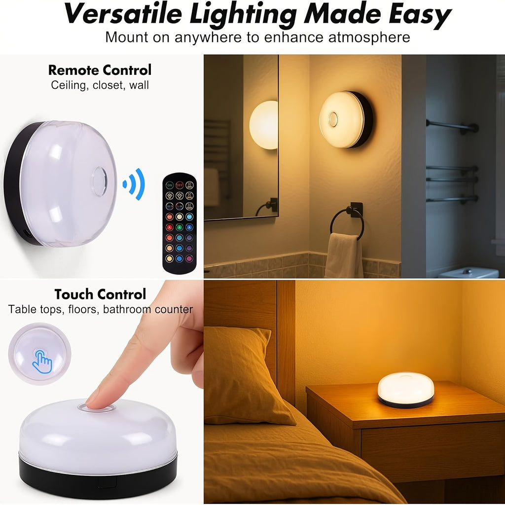 Rechargeable RGBW Mood Lights, 2 or 4 Pack with 15 Color Options, Cool White, Magnetic Mounting, Remote Dimming and Timer for Indoor Ambient Decor