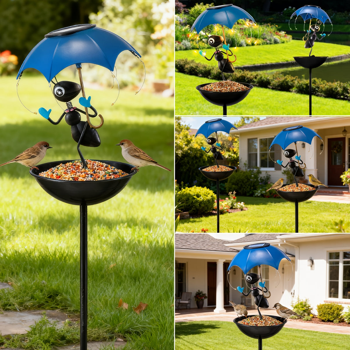 Solar Garden Decoration with Listed LED Light String and Bird Feeder Wording, Single Black Ant Option Label for Outdoor Lawn, Terrace and Pathside Displays