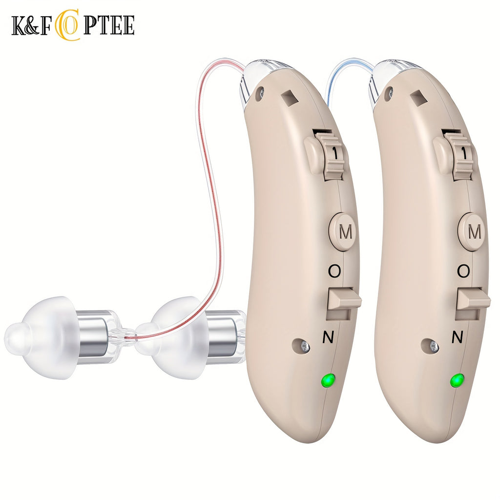 Rechargeable Behind-the-Ear Hearing Aids by K&FCOPTEE in Brown, Listed Pair with Three Frequency Modes, Four Volume Levels, Six Domes and Two USB Cables