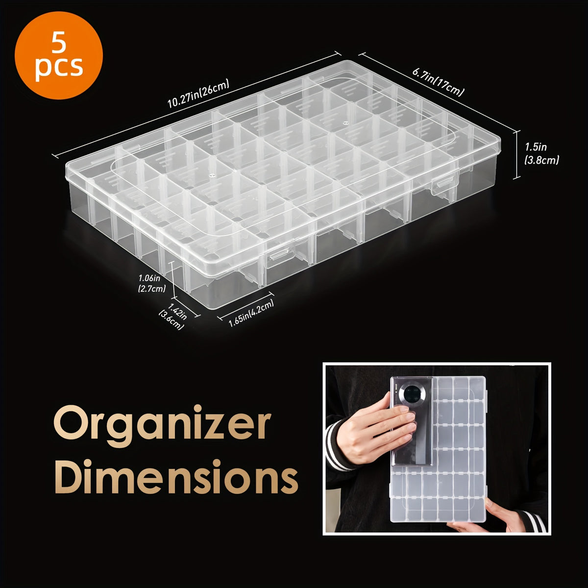 36-Grid Organizer Boxes by TOMNK, Clear Plastic Storage with Adjustable Dividers and Label Stickers, 5 8 or 10-Piece Options for Beads, Jewelry and Craft Supplies