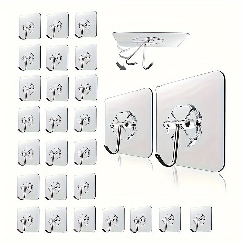 Transparent Adhesive Hooks for Kitchen and Bathroom Organization, 30-Piece Plastic Wall Hook Set with No-Drill Mounting on Compatible Surfaces