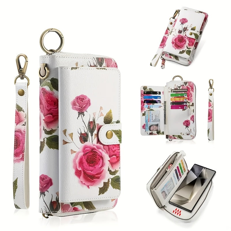 Floral Clutch Wallet for Women with Listed Zipper, Card and Coin Storage, Bow Accessory Reference and Selected Shoulder Strap Styles in Multiple Color Options