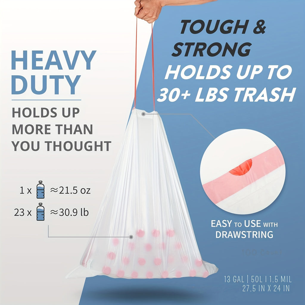 Drawstring Garbage Bags in 100-Count Packs, 4-Gallon or 13-Gallon Disposable Trash Can Liners for Compatible Kitchen, Office and Household Wastebaskets