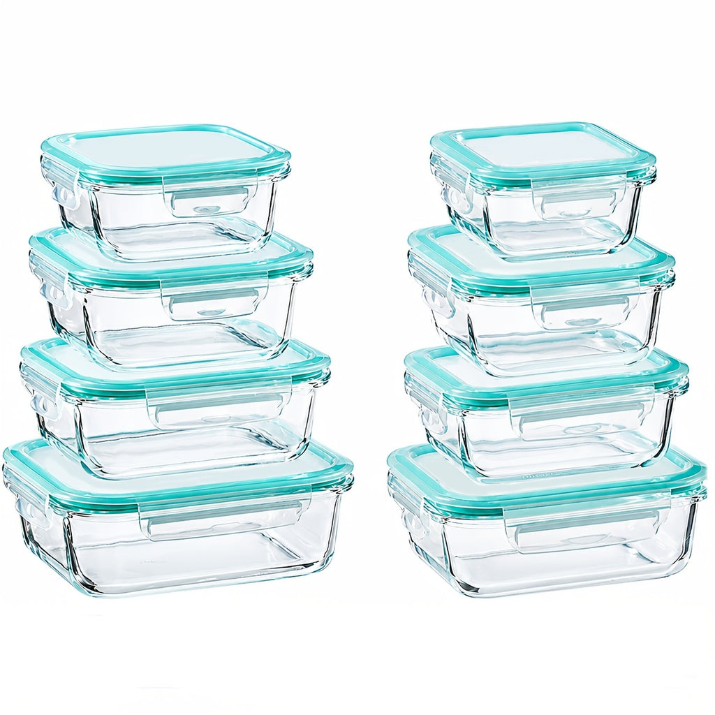 Glass Meal Prep Containers with Four-Lock Lids and Removable Silicone Seals, Listed 16-Piece Set of 8 Boxes and 8 Lids for Lunch Portions and Leftover Storage