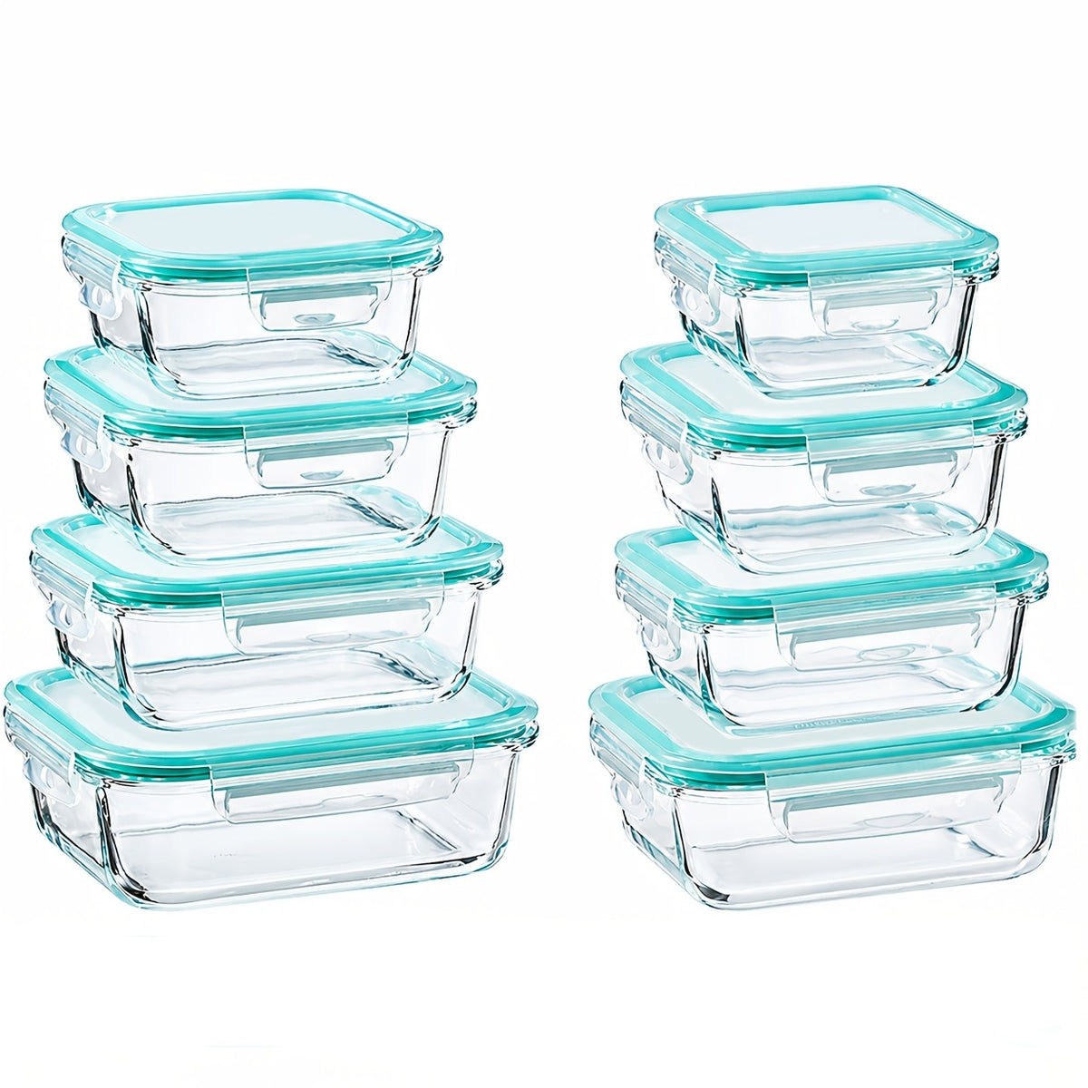 Glass Meal Prep Containers with Four-Lock Lids and Removable Silicone Seals, Listed 16-Piece Set of 8 Boxes and 8 Lids for Lunch Portions and Leftover Storage