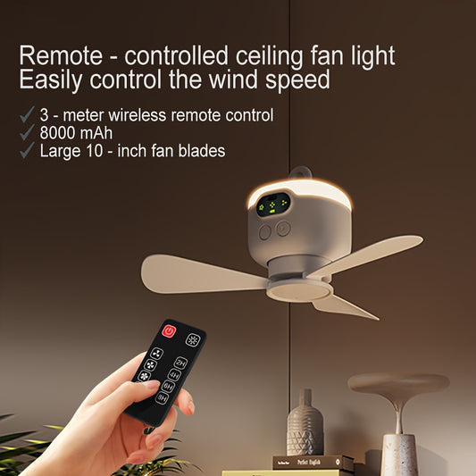 USB Rechargeable Ceiling Fan with LED Light, 8000mAh Portable White Camping Fan with Remote Control for Indoor & Outdoor Summer Airflow