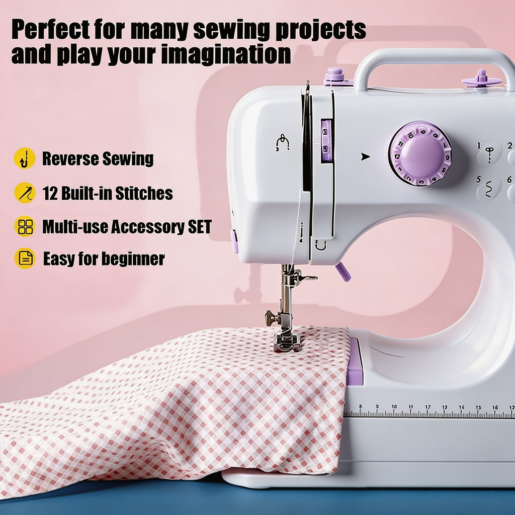 Electric Home Sewing Machine in Light Purple with Listed 12 Stitch Settings, Reverse Sewing, Thread Winding, Tension Dial and Sewing Light for DIY Fabric Projects