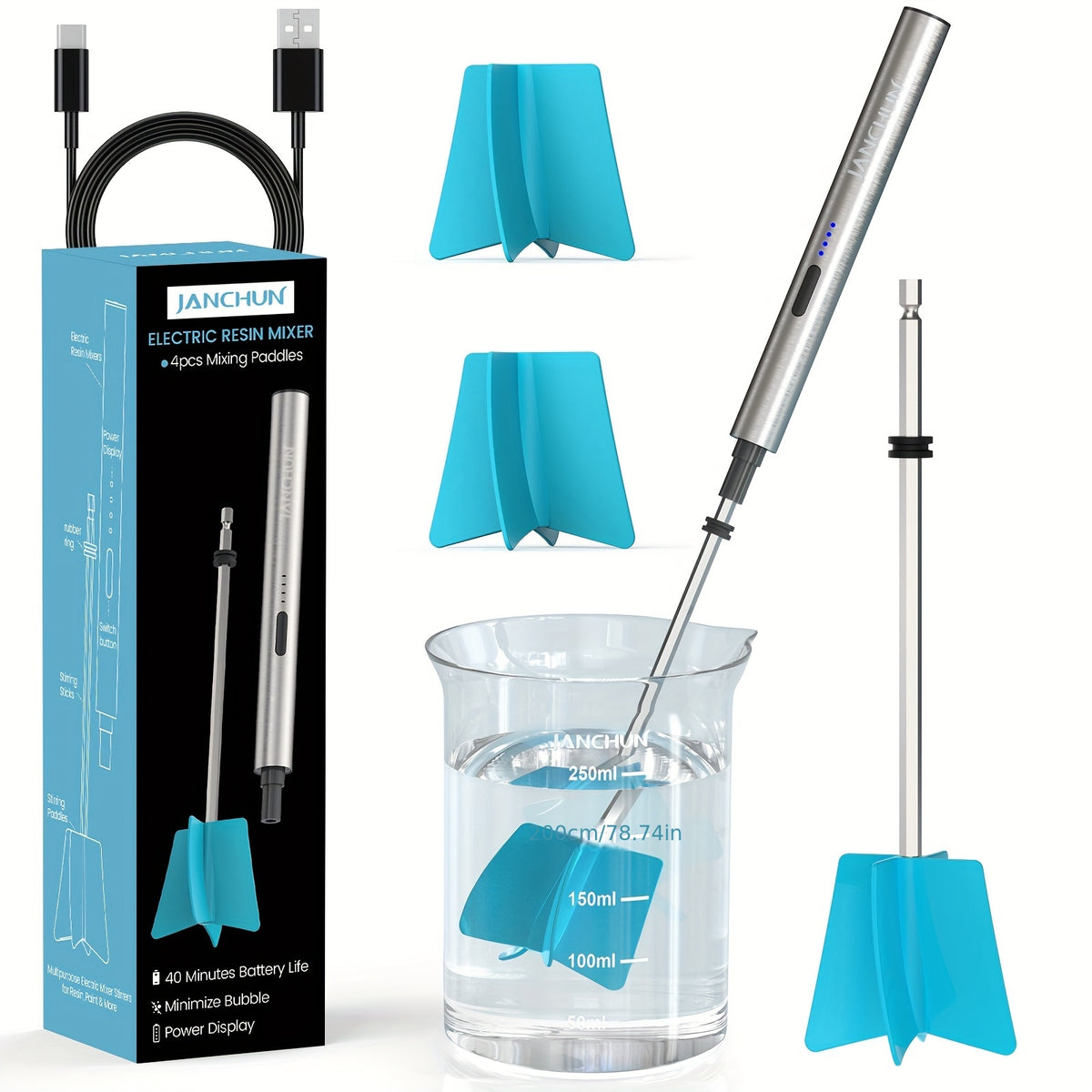 Electric Epoxy Resin Mixer by JANCHUN, Sky Blue Handheld Craft Mixing Tool with Four Reusable Paddles, Two Stirring Sticks and USB Charging Cord for Compatible Resin Projects