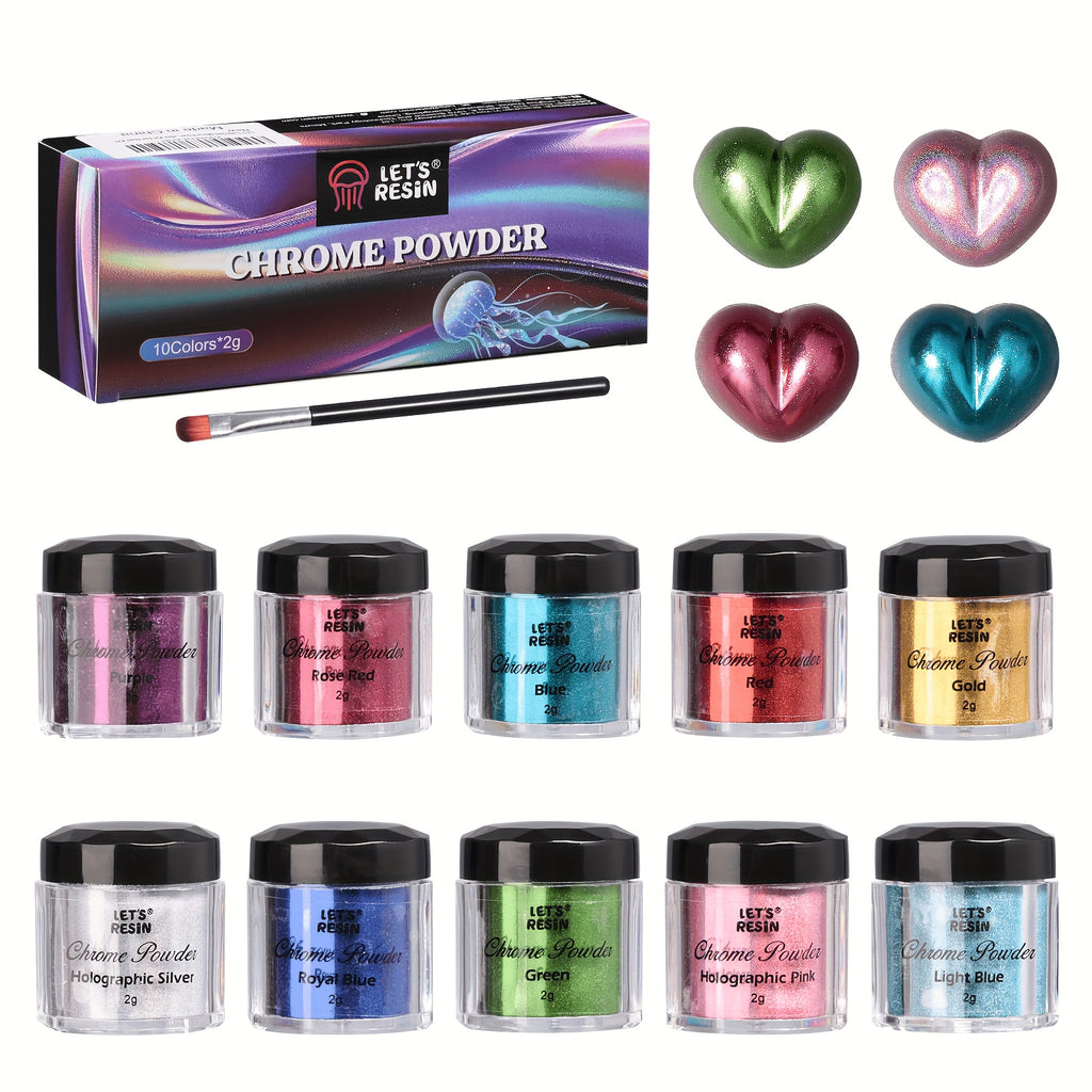 Chrome Pigment Powder Set with Ten Listed Colors, Eight Metallic and Two Holographic Jars at 2g Each for Compatible Epoxy Resin Art, Tumbler Decoration and Painting