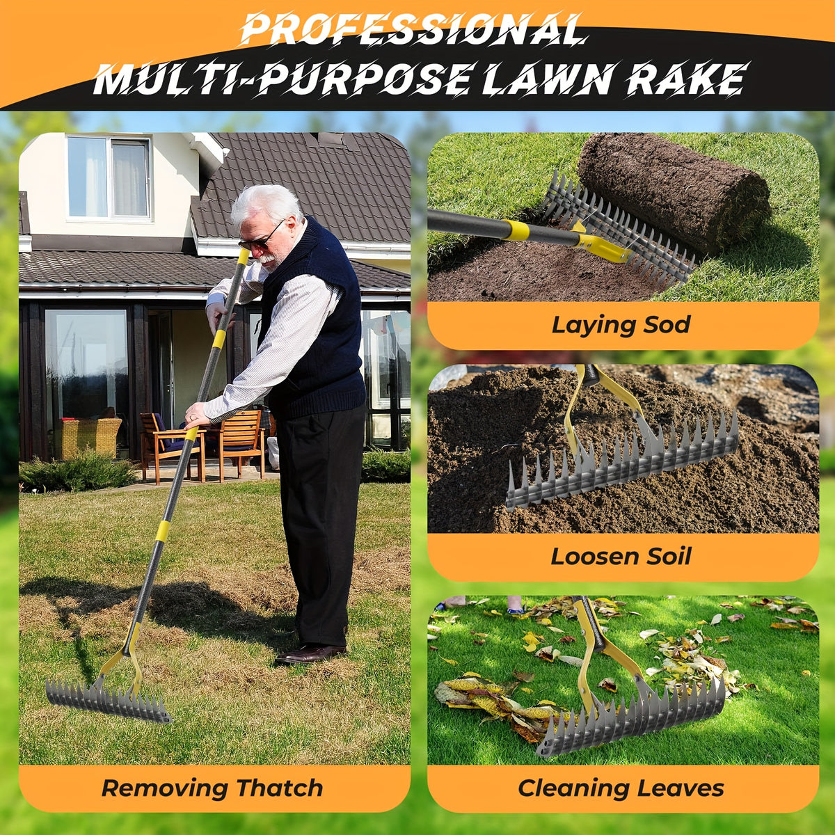 Thatch Rake with Listed 15-Inch Dethatching Blade, Manual Dual-Action Lawn Scarifier in 55inch or 72inch Models for Dead Grass Removal and Yard Care