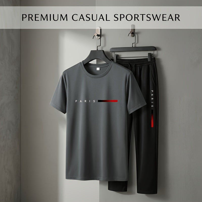 Men's Two-Piece Outfit with Printed Short Sleeve Crew Neck Top and Straight Pants, Seven Color Options and S to XXL Sizes for Casual Spring and Summer Style