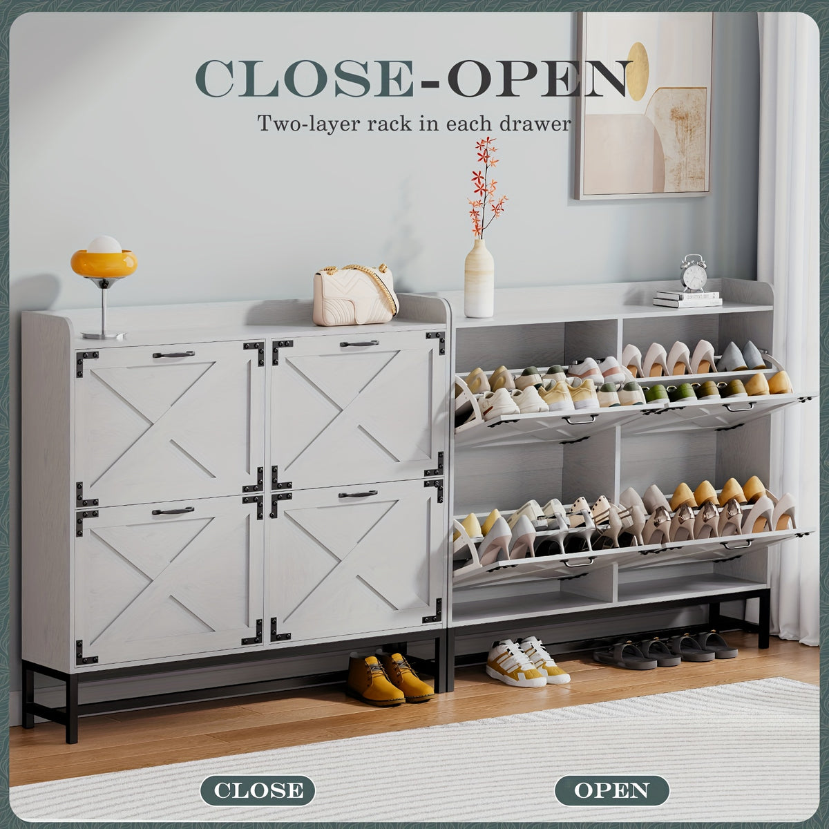 Shoe Storage Cabinet for Entryway and Hallway Organization, Black Upgrade or White Two, Three and Four-Door Options with Listed Flip-Drawer Storage Features