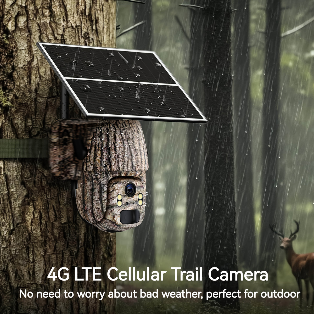 2K Cellular Trail Camera with Solar Panel and SIM Card, Listed 4G LTE Remote Pan Tilt, Spotlight Color Night Vision and Two-Way Audio in Camouflage One- or Two-Camera Packs