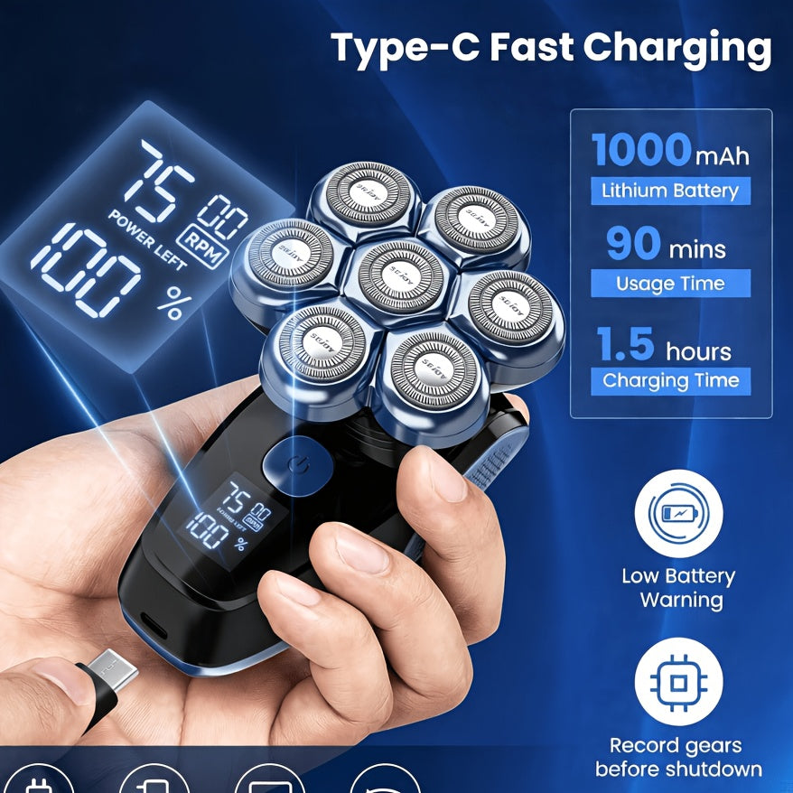 Sejoy Electric Head Shaver for Bald Men, 5-in-1 Rotary Grooming Kit with 7D Floating Heads, LED Display and 3 Speeds, Rechargeable Skull Shaver for Daily Shaving at Home, Perfect Gift for Men