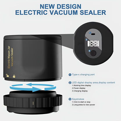 Electric Mason Jar Vacuum Sealer with One-Touch Operation, USB Rechargeable Kitchen Jar Sealing Tool with Wide and Narrow Mouth Lids, Black or White Options