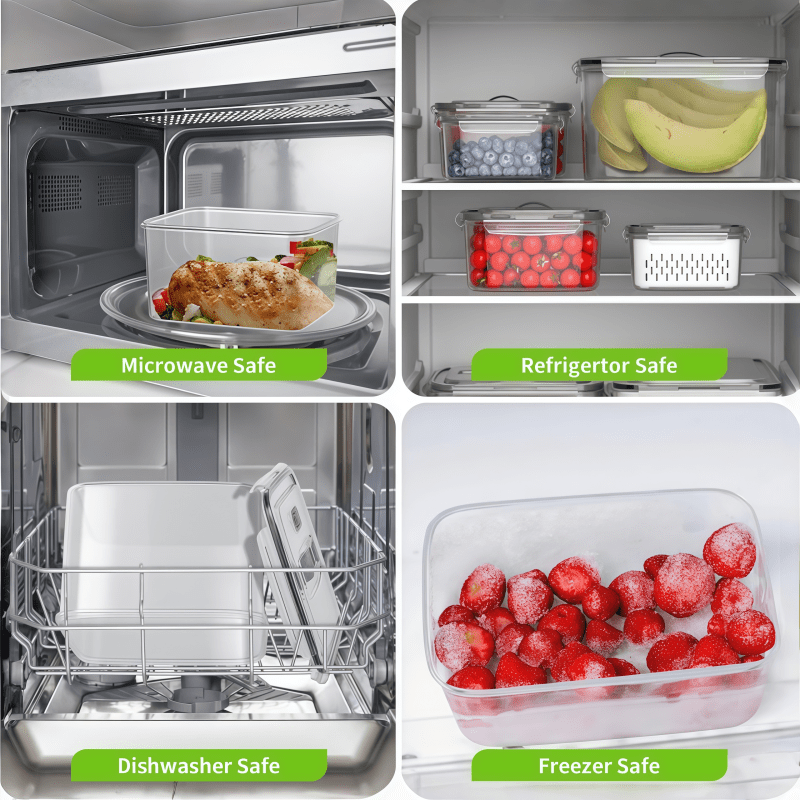 Fruit Storage Boxes with Removable Colanders, M+L Refrigerator Organizer Set in PP Plastic with Two Boxes and Two Drain Baskets, Four Pieces Total