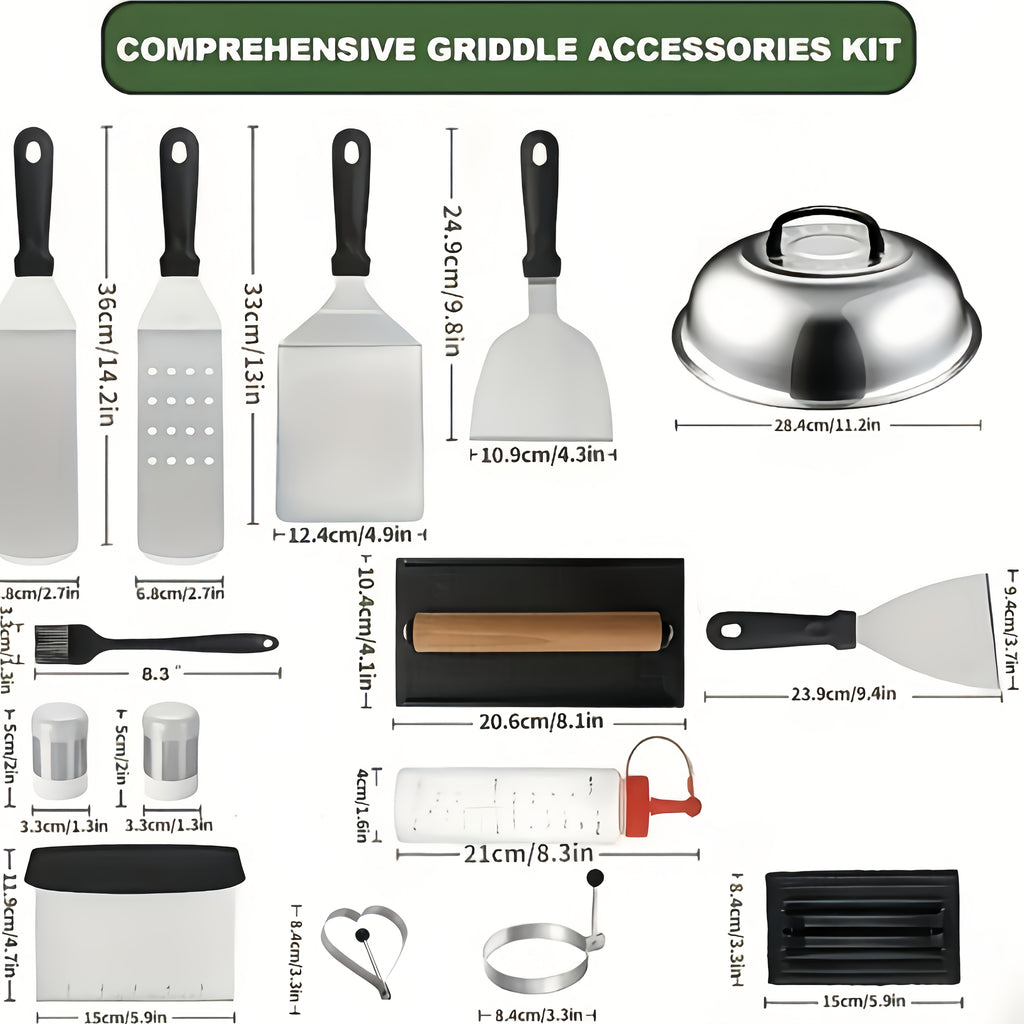 Griddle Accessory Kit, 18-Piece Stainless Steel BBQ Tool Set with Burger Smasher, Spatula Tools and Grill Cover for Outdoor Flat-Top Cookouts