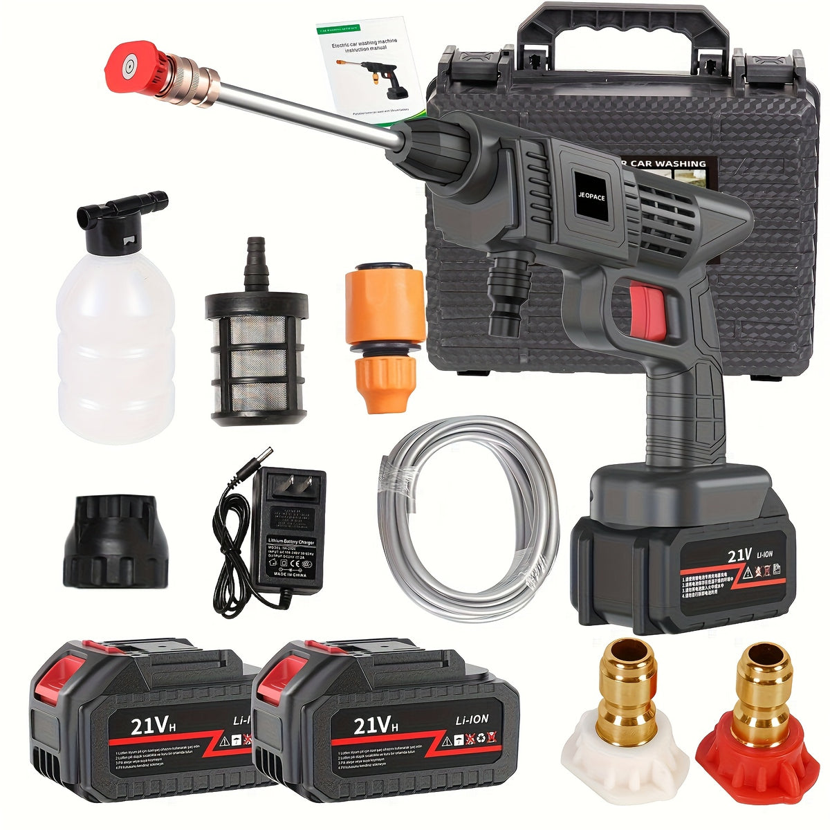 Rechargeable Pressure Washer Kit with Listed 30 Bar/435 PSI Output, One or Two Battery Options, Water Hose and Foam Nozzles for Car, Yard and Garden Cleaning
